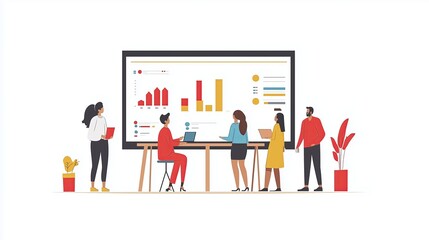 Fototapeta premium A group of people are gathered around a large white board with graphs and charts on it. They are working together to analyze data and make decisions. Concept of collaboration and teamwork