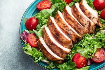Grilled chicken breast ( fillet ) with lattuce salad and cherry tomatoes . Top view