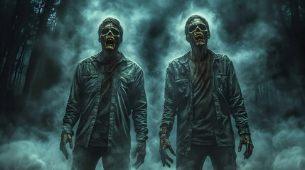 Fototapeta premium Two Decaying Zombies Emerge from a Foggy Forest, Their Eyes Glowing with a Ferocious Hunger, a Haunting Image of the Living Dead