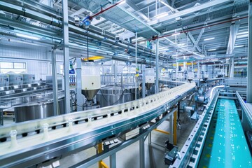Fototapeta premium Bottles Move on Conveyor Belt through Factory Efficiently and Quickly Produces Goods