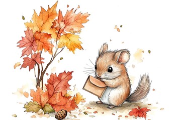 Fototapeta premium Adorable Watercolor Illustration of a Cute Mouse Holding a Small Package Amidst Autumn Leaves. A charming image perfect for fall-themed designs, children's books, and greeting cards.