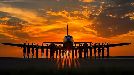 Military personnel saluting in front of airplane at sunset