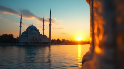 Fototapeta premium Sunset view of a mosque reflecting on water.