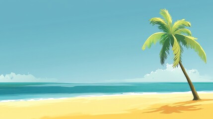 Obraz premium Serene Tropical Beach Scene with a Lush Palm Tree Under a Clear Blue Sky and Gentle Ocean Waves Lapping on the Sandy Shoreline During Daylight Hours