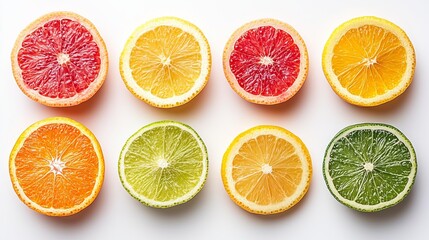 Fototapeta premium A row of oranges and lemons are sliced open and arranged in a row. The colors of the fruit are vibrant and the slices are cut in half. Concept of freshness and health