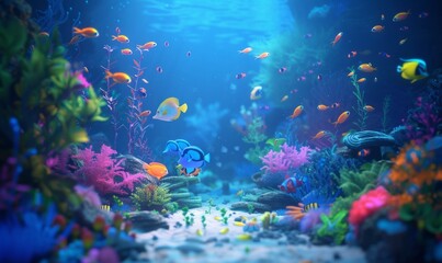 Naklejka premium Underwater with colorful sea life fishes and plant at seabed background, Colorful Coral reef landscape in the deep of ocean. Marine life concept, Underwater world scene