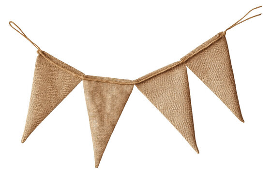 Decorative burlap banner with triangular flags perfect for festive celebrations and indoor decoration, isolated on transparent background.
