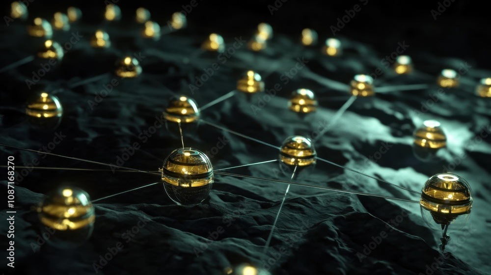 Poster intricate network of illuminated spheres connected by filaments on a dark textured surface, represen