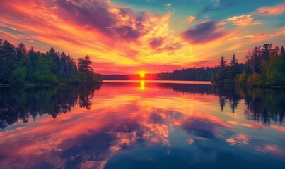 Fototapeta premium A captivating sunset over a serene lake, reflecting vibrant colors in the water, perfect for peaceful and tranquil themes