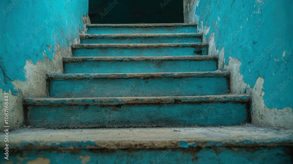 Poster a close-up view of worn steps leading upward in an old building with distressed walls and a vibrant 