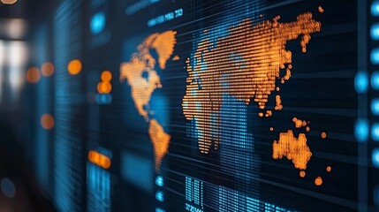 Global financial analysis workspace featuring currency trends, interest indicators, and dynamic data displays in a modern environment