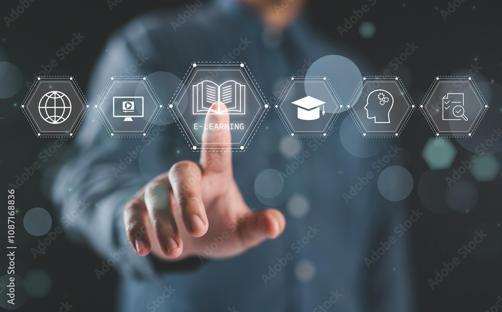 Poster Online education concepts. A man interacts with e-learning icons virtually, signifying modern online education methods. Learning online webinar, video tutorials, training study course.