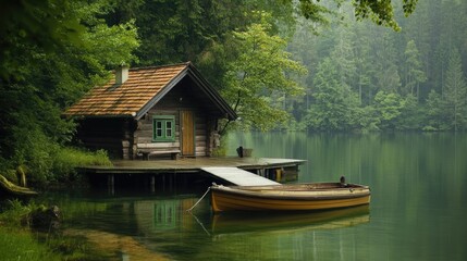 Fototapeta premium Tranquil Lakeside Retreat with Wooden Cabin and Rowboat Surrounded by Lush Forest Reflections in Serene Water Under Soft Misty Environment
