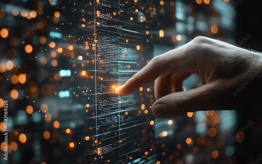 Poster persons hand interacting with a holographic interface, highlighting a digital checkbox on a dark bac