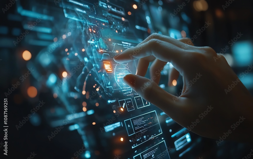 Poster persons hand interacting with a holographic interface, highlighting a digital checkbox on a dark bac
