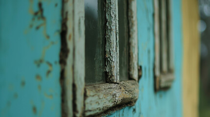 Rustic Vintage Windows on a Weathered Surface with Peeling Paint and Patina Touches Against a Colorful Background in Soft Natural Light