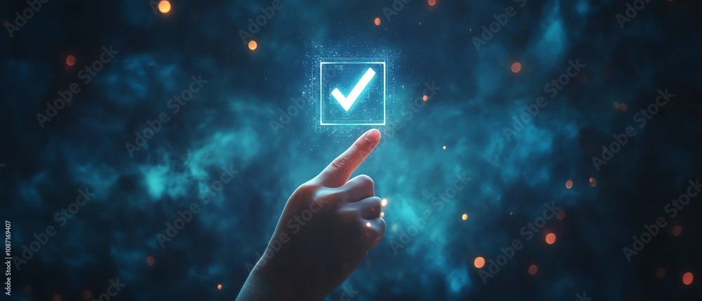Poster persons hand pointing to a digital checkbox on a holographic interface, glowing brightly on a dark b