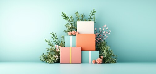 Colorful gift boxes nestled among lush greenery, creating a vibrant and festive atmosphere perfect for celebrations.