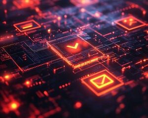 Obraz premium Project management concept with digital approval interface, glowing checkboxes, and task completion symbols, modern visualization in a digital space