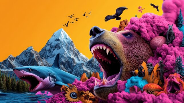 An imaginative and vivid representation of wildlife and nature, featuring a bear and shark amidst dynamic colors and surreal elements, evoking creativity and wildness.