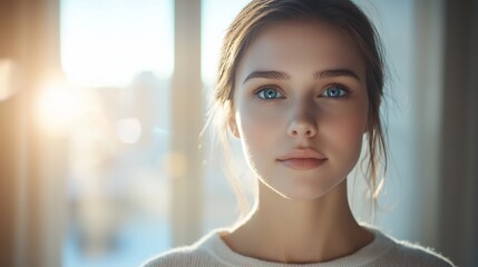 Close up Portrait of Determined Young Woman with Thoughtful Expression in Elegant Studio Lighting