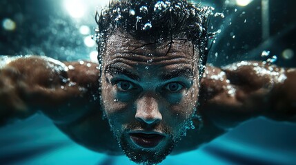 A striking underwater portrait capturing a swimmer's intense focus, with water bubbles adding depth and motion to the dynamic and immersive composition.