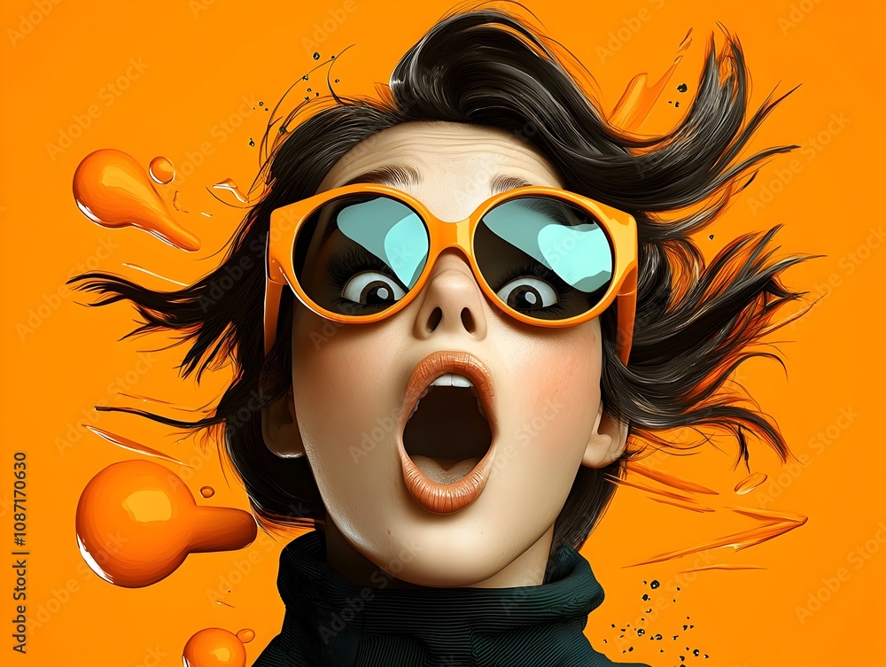 Poster retro pop art depiction of a woman with a surprised and excited expression set against a bold dynami