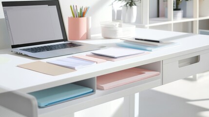 Fototapeta premium Modern Minimalist Workspace with Laptop, Notebooks, and Stationery Organized Neatly on a Bright Sunny Day for Productive Work and Creativity