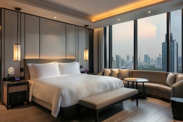 Modern Hotel Room Shows City View at Dusk with Comfortable Bed and Sofa