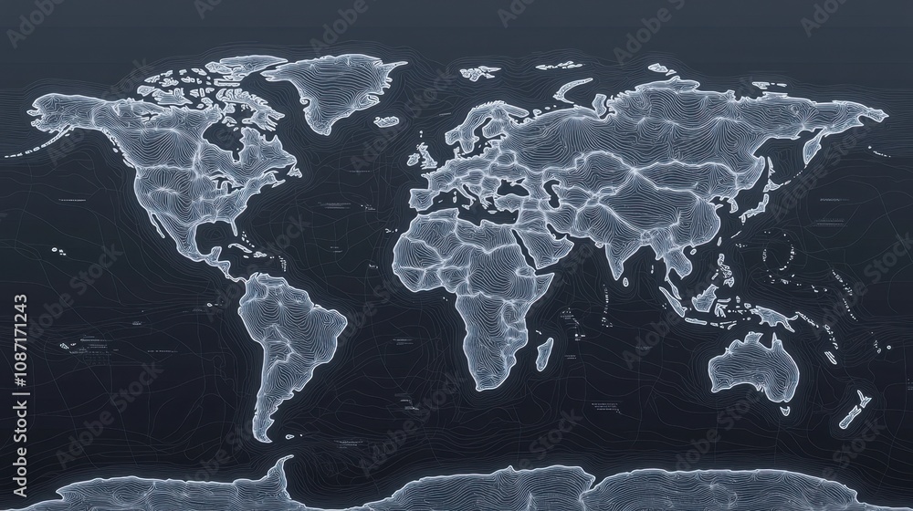 Poster detailed vector illustration of a world map with contour lines on a dark background, ideal for digit