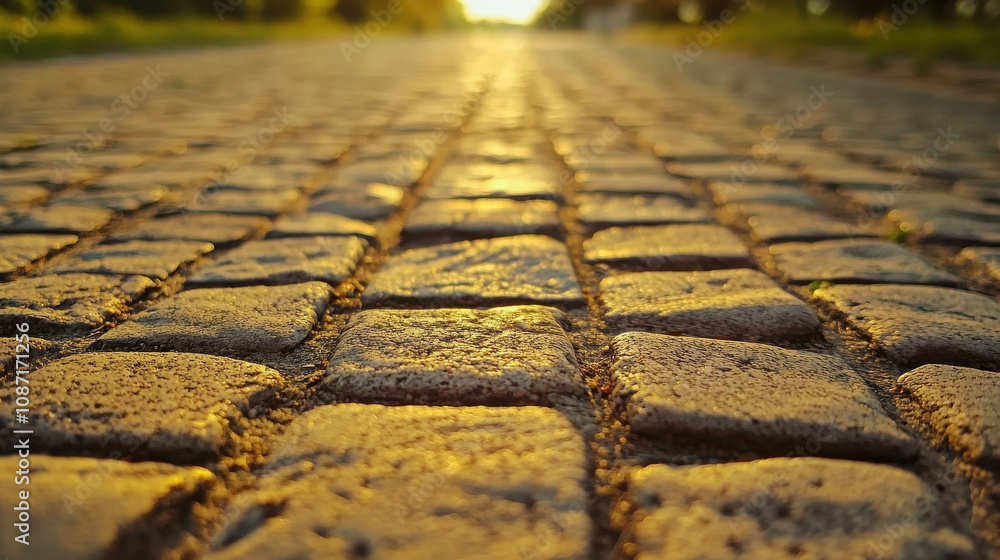 Poster cobblestone pathway glowing in the warm sunset light, captivating texture and perspective creating a