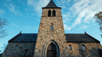 Fototapeta premium Historic Stone Church with Steeple Under Clear Sky Surrounded by Trees, Showcasing Unique Architecture and Serene Environment in Rural Landscape Setting