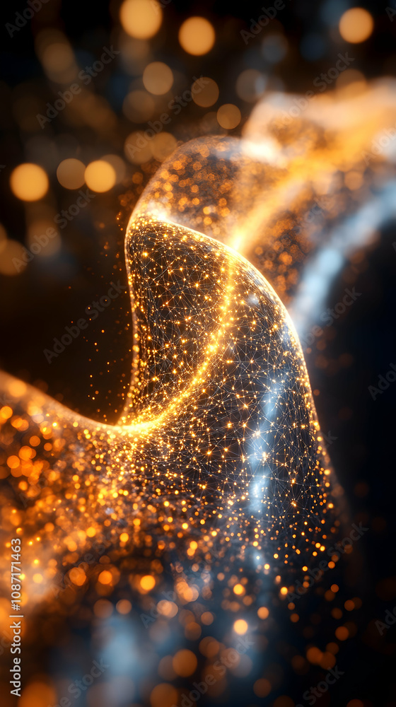 Poster abstract glowing particles forming a wave-like pattern.