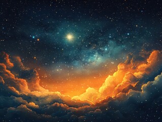 Nostalgic illustration of retro-style clouds in a celestial landscape with cosmic elements