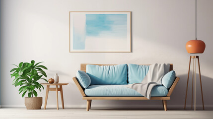 Light Blue Sofa in Minimalist Living Room with Wooden Side Table and Floor Lamp