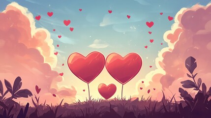 A painting of two red hearts with a third heart in the middle. The painting is of a field with clouds in the background