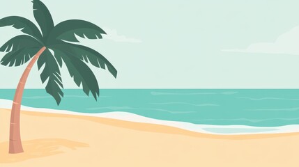 Serene Tropical Beach Scene with Palm Tree and Calm Ocean Waves Under a Clear Sky, Perfect for Relaxation and Vacation Themes