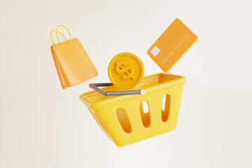 Dollars floating on basket and discount coupons with credit card and orange shopping bag 3d rendering