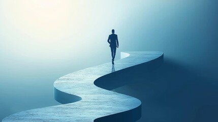 Businessman ascending a winding path shaped like an arrow, representing ambition, progress, and success in a minimalist abstract design