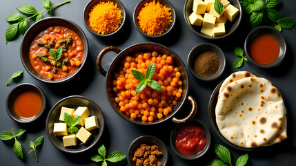 Sumptuous Top-Down View of a Vegetarian Indian Banquet with a Variety of Colorful Dishes