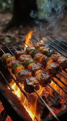 Lamb Skewers Under the Stars, tender lamb grilled over an open flame, surrounded by friends, smoky air, cozy camping atmosphere at night