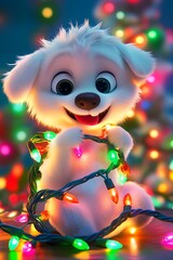 Cute Fluffy Puppy Plays With Christmas Lights
