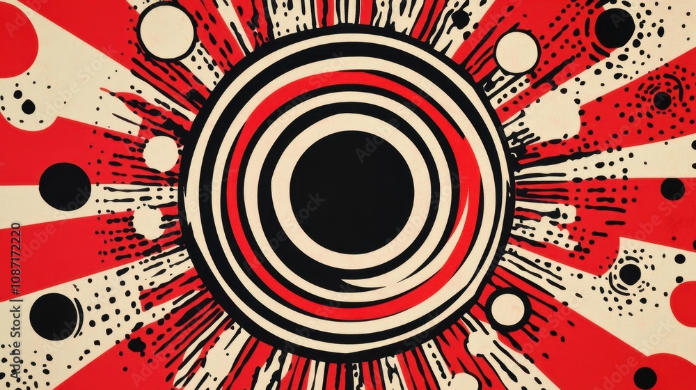 Poster abstract illustration featuring a bold radial design with black and white circles on a vibrant red b