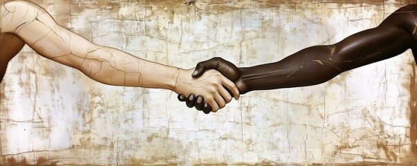 Handshake, African American and Caucasian man shaking hands, fresco painting style