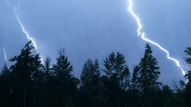 Dramatic zoom video of a dark forest with lightning striking a tree. Heavy rain and storm lighting create a misty atmosphere.
