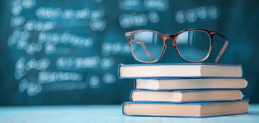 A close-up of glasses resting on a stack of books with a blurred background of mathematical formulas, symbolizing knowledge and learning.