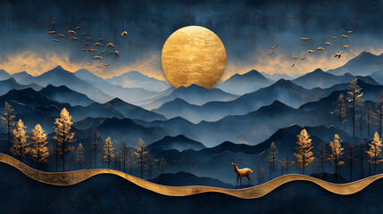Mesmerizing 3D Modern Art Mural Wallpaper Featuring Dark Blue and Golden Wave Background with Majestic Mountains, Elegant Golden Deer, and Graceful Birds