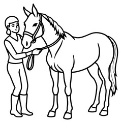 woman rider takes care of thoroughbred horse