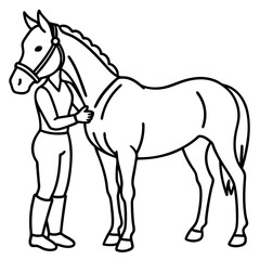 woman rider takes care of thoroughbred horse