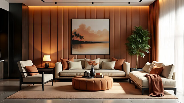Luxurious Living Room Design with Tufted Tube Panel Walls and Cozy Color Palette and Plush Furnishings